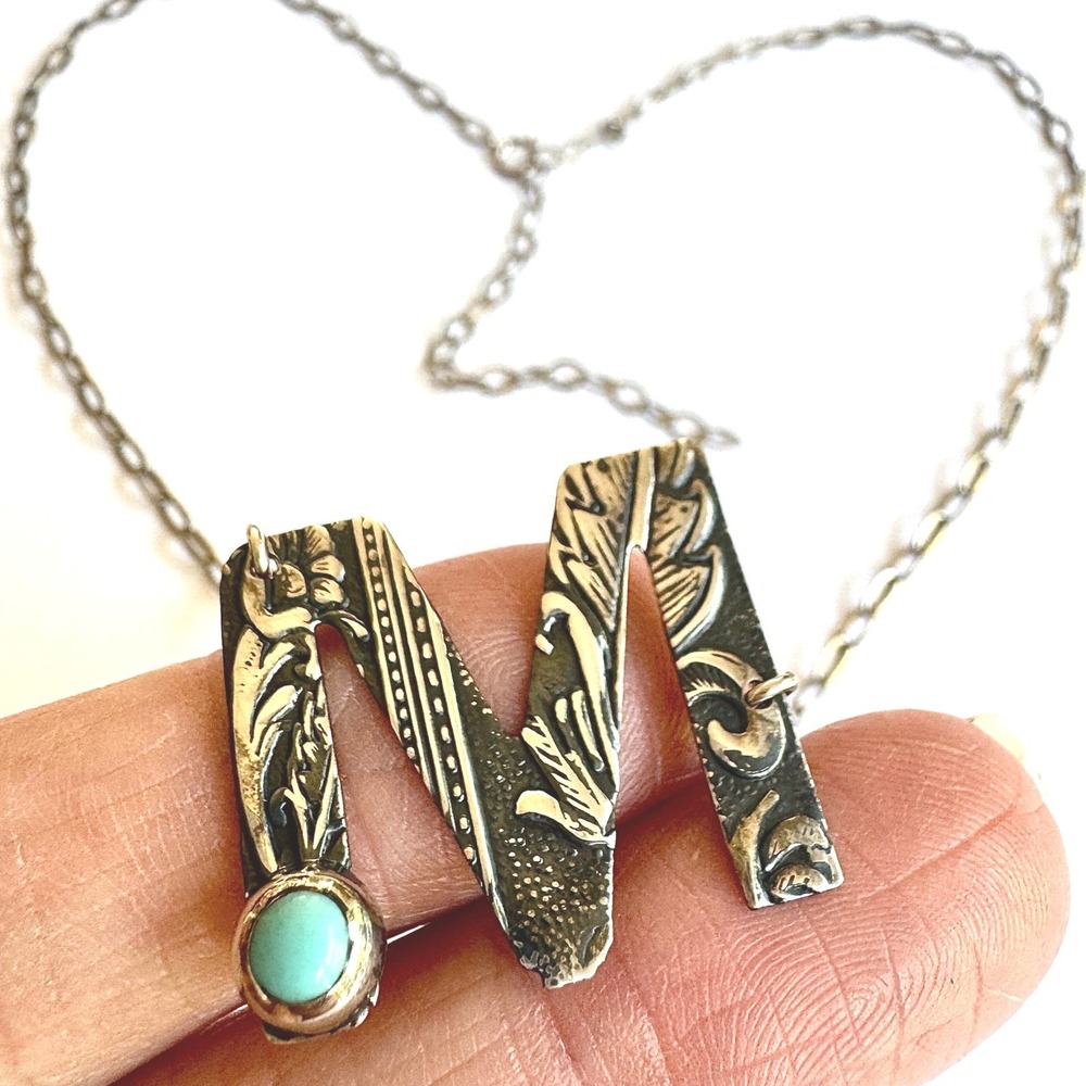 Initial Letter H Turquoise Necklace 18" Tooled Sterling 925 Boho Sol